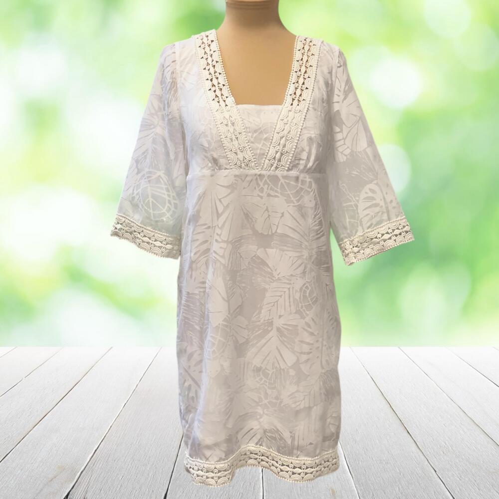 LILLY PULITZER Shift Dress Sheer Lined Crochet Lace Empire Tropical White Y2K S